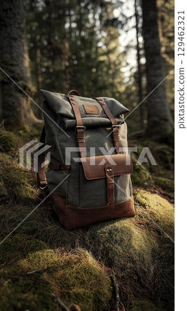 Durable canvas and leather backpack sits on vibrant mossy ground in deep sunlit forest, evoking feelings of tranquil escape and outdoor adventure 129462321