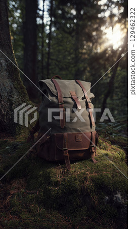 Classic vintage style canvas and leather backpack rests on mossy forest ground, evoking strong sense of adventure and exploration, surrounded by tranquil beauty of wilderness at sunset 129462322