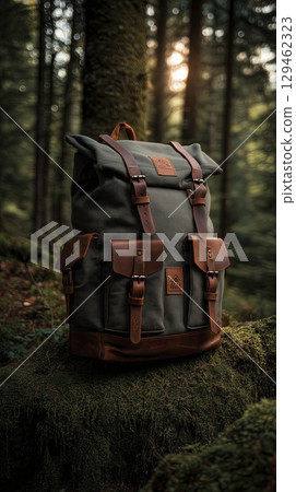 Green outdoor backpack rests on moss in lush forest, ready for adventure and journey, embodying exploration of nature and wilderness 129462323