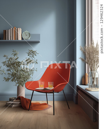 Orange chair near blue wall. Shelf holds clock, book. Plant sits by window. Natural light creates warm atmosphere. Cozy setting promotes peaceful, relaxing reading 129462324
