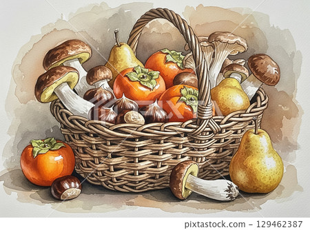 Autumn Harvest Basket Watercolor Illustration 129462387