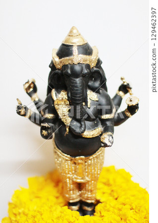 Ganesha god is the Lord of Success God of Hinduism on Marigold flowers Isolated on white background. Ganesha god is the Lord of Success God of Hinduism on Marigold flowers Isolated on white background. 129462397