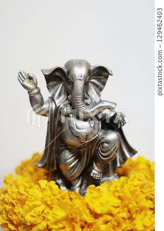 Ganesha god is the Lord of Success God of Hinduism on Marigold flowers Isolated on white background. Ganesha god is the Lord of Success God of Hinduism on Marigold flowers Isolated on white background. 129462403