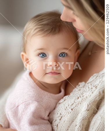 Warm Light On Babies Face Mothers Loving Gaze, Blonde Hair, Pink Sweater, Family Portrait 129462509