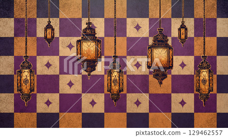 Beautiful interior design background with retro lanterns and geometric patterns 129462557