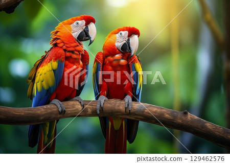 two scarlet macaws on a branch 129462576