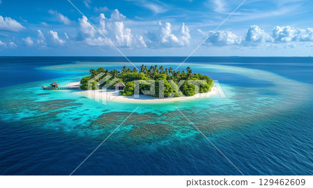Tropical beach. Summer vacation on a tropical island with beautiful beach and palm trees. Tropical Maldives. 129462609