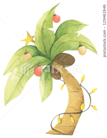 Watercolor palm tree with Christmas ornaments 129462646