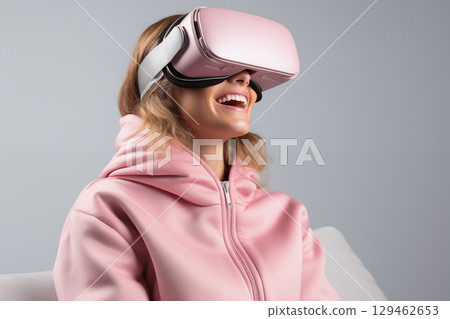 woman in formal suit using vr device goggle virtual reality ai 129462653