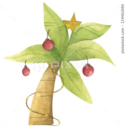 Watercolor palm tree with Christmas ornaments Watercolor palm tree with Christmas ornaments 129462660