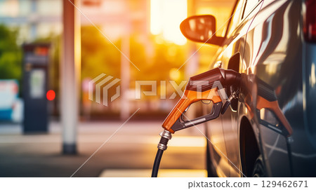 Close up of a fuel pump refueling a car at a gas station. The image captures the refueling process in detail. 129462671