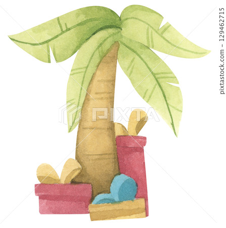 Watercolor palm tree with Christmas ornaments Watercolor palm tree with Christmas ornaments 129462715