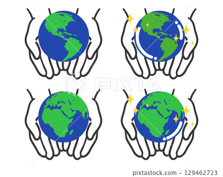 雙手捧著的地球儀插圖（美洲和非洲）向量 129462723
