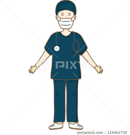 A cartoon illustration of a smiling doctor wearing navy blue scrubs, a surgical cap, gloves, a face mask, and a stethoscope around the neck, for labor day. 129462738