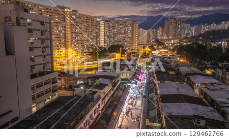 Aug 7 2025 twilight of Traditional wet market in Ngau Chi Wan Hong Kong 129462766