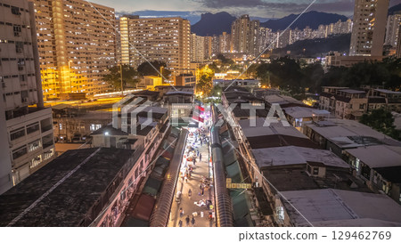 Aug 7 2025 twilight of Traditional wet market in Ngau Chi Wan Hong Kong 129462769