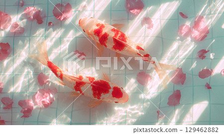 錦鯉和櫻花花瓣漂浮在水面上的美麗春景 錦鯉和櫻花花瓣漂浮在水面上的美麗春景 129462882