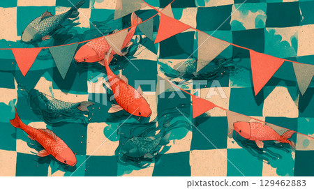A colorful design background featuring illustrations of Nishikigoi carp and geometric patterns. 129462883