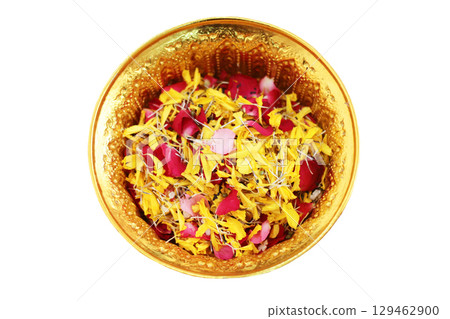 Red rose and Marigold flowers petals in gold tray isolated on white background in tradition Thai wedding ceremony and Buddhism in the temple 129462900