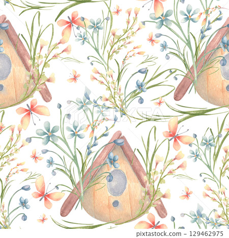 Cozy birdhouse with tiny blue flowers and butterflies. Spring garden watercolor seamless pattern isolated. Hand painted wild flowers forget me not in soft color. Repeat floral background for children. Cozy birdhouse with tiny blue flowers and butterflies. Spring garden watercolor seamless pattern isolated. Hand painted wild flowers forget me not in soft color. Repeat floral background for children. 129462975