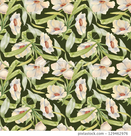 Delicate watercolor floral pattern with white peonies and lush foliage on dark background. Seamless hand painted botanical design with flowers. Vintage elegant repeat for textile, fashion prints. Delicate watercolor floral pattern with white peonies and lush foliage on dark background. Seamless hand painted botanical design with flowers. Vintage elegant repeat for textile, fashion prints. 129462976