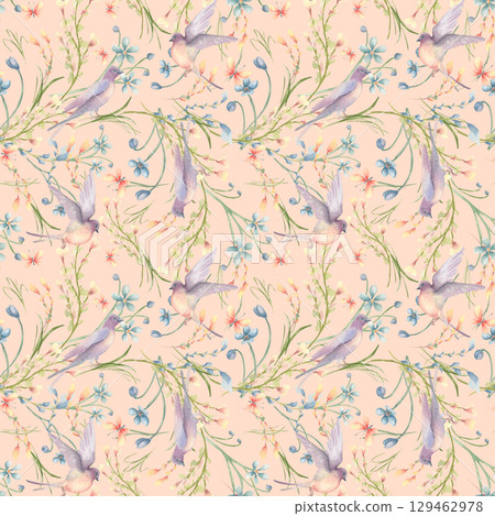 Summer garden seamless pattern isolated. Delicate blue yellow flowers and swallows hand drawn on pink background. Ditsy floral watercolor repeat print with birds. Cute Liberty endless design. Summer garden seamless pattern isolated. Delicate blue yellow flowers and swallows hand drawn on pink background. Ditsy floral watercolor repeat print with birds. Cute Liberty endless design. 129462978