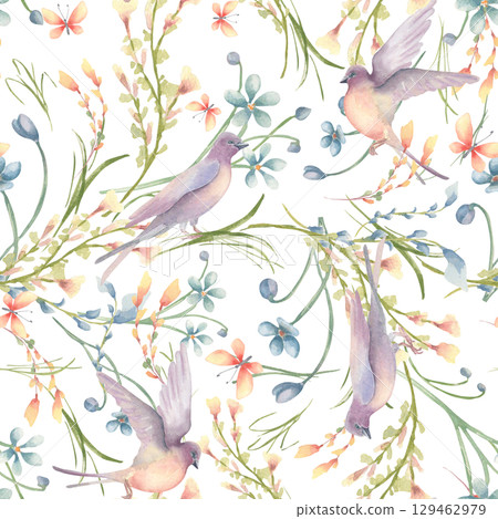 Wild field flowers and birds watercolor seamless pattern for girl. Printing with small blue pink flowers and swallows hand drawn. Ditsy floral print colorful flowers. Cute garden pattern on white. Wild field flowers and birds watercolor seamless pattern for girl. Printing with small blue pink flowers and swallows hand drawn. Ditsy floral print colorful flowers. Cute garden pattern on white. 129462979