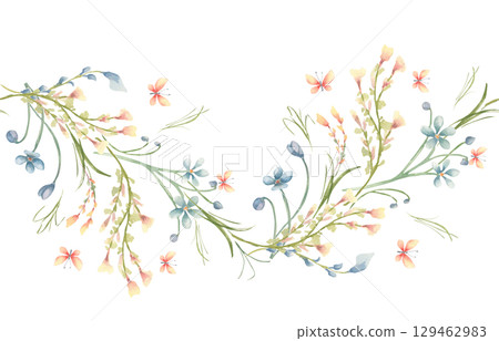 Delicate watercolor floral seamless border with soft peach yellow and blue wildflowers and butterflies isolated. Tiny flowers hand drawn botanical sketch. Soft flowers repeat horizontal background. Delicate watercolor floral seamless border with soft peach yellow and blue wildflowers and butterflies isolated. Tiny flowers hand drawn botanical sketch. Soft flowers repeat horizontal background. 129462983