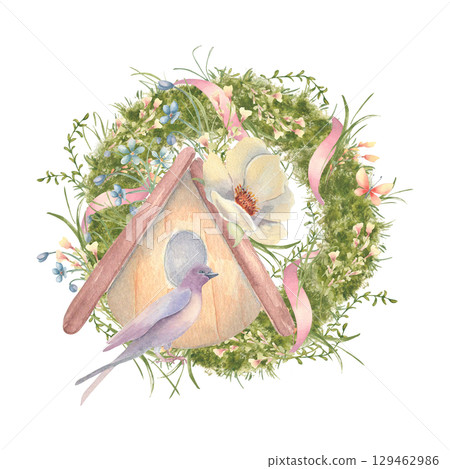 Birdhouse with watercolor greenery wreath and white flowers isolated. Soft pink ribbons and spring grass and plants, bird swallow hand drawn. Moss wreath country style. Spring illustration with bird. Birdhouse with watercolor greenery wreath and white flowers isolated. Soft pink ribbons and spring grass and plants, bird swallow hand drawn. Moss wreath country style. Spring illustration with bird. 129462986
