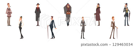 Victorian Gentleman in Elegant Suit with Respectful Manner Standing Vector Set Victorian Gentleman in Elegant Suit with Respectful Manner Standing Vector Set 129463034
