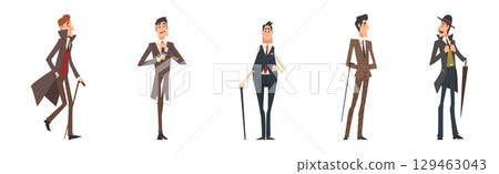 Victorian Gentleman in Elegant Suit with Respectful Manner Standing Vector Set Victorian Gentleman in Elegant Suit with Respectful Manner Standing Vector Set 129463043
