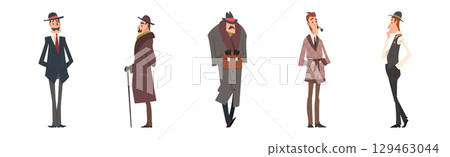 Victorian Gentleman in Elegant Suit with Respectful Manner Standing Vector Set 129463044