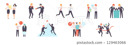 Man and Woman Business Worker Character Engaged in Professional Career Competition Vector Set 129463066