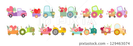 Cute Tractors with Cart Full of Flowers and Heart Vector Set 129463074