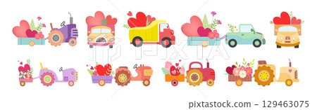 Cute Tractors with Cart Full of Flowers and Heart Vector Set 129463075
