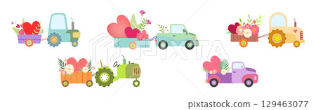 Cute Tractors with Cart Full of Flowers and Heart Vector Set Cute Tractors with Cart Full of Flowers and Heart Vector Set 129463077