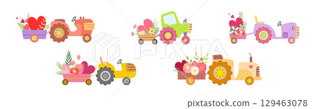 Cute Tractors with Cart Full of Flowers and Heart Vector Set Cute Tractors with Cart Full of Flowers and Heart Vector Set 129463078