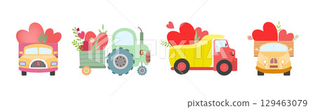 Cute Tractors with Cart Full of Flowers and Heart Vector Set Cute Tractors with Cart Full of Flowers and Heart Vector Set 129463079
