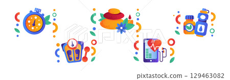 Healthy Lifestyle Object and Equipment Vector Set 129463082