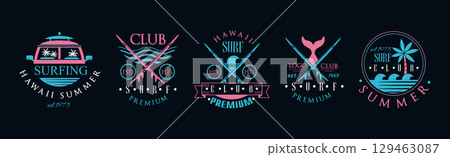 Summer Holiday Club Logo and Beach Label Design Vector Set 129463087