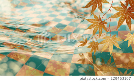秋葉和棋盤格圖案倒映在水面上的秋景 129463107