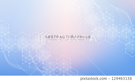 Modern scientific background with hexagons, lines and dots. Wave flow abstract background. Molecular structure for medical, technology, chemistry, science. Vector illustration Modern scientific background with hexagons, lines and dots. Wave flow abstract background. Molecular structure for medical, technology, chemistry, science. Vector illustration 129463138