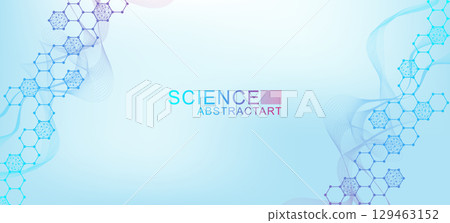 Modern scientific background with hexagons, lines and dots. Wave flow abstract background. Molecular structure for medical, technology, chemistry, science. Vector illustration 129463152