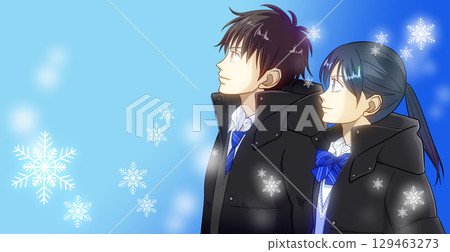 閃閃發光的雪花，冬季學生的動漫風格插圖，左側空白 129463273