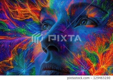 Woman emerging from colorful network of energy, exploring the connection between mind, body, and spirit 129463280