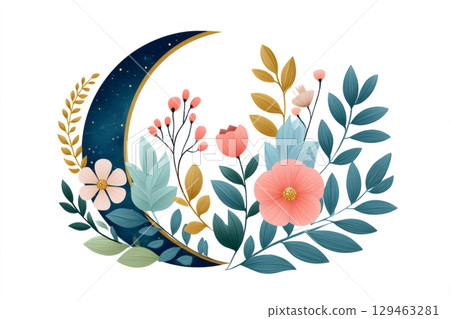 Crescent moon embracing colorful flowers and foliage 129463281