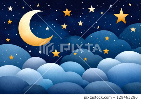 Crescent moon shining over blue watercolor clouds and gold stars in a paper cutout style 129463286