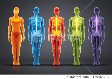 Female anatomy showing skeleton and bones in different colors 129463287