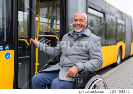 Smiling man with disability using accessible city transportation 129463291