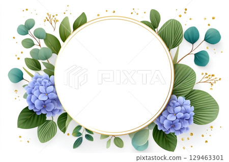 Elegant floral frame with hydrangeas and golden glitter 129463301